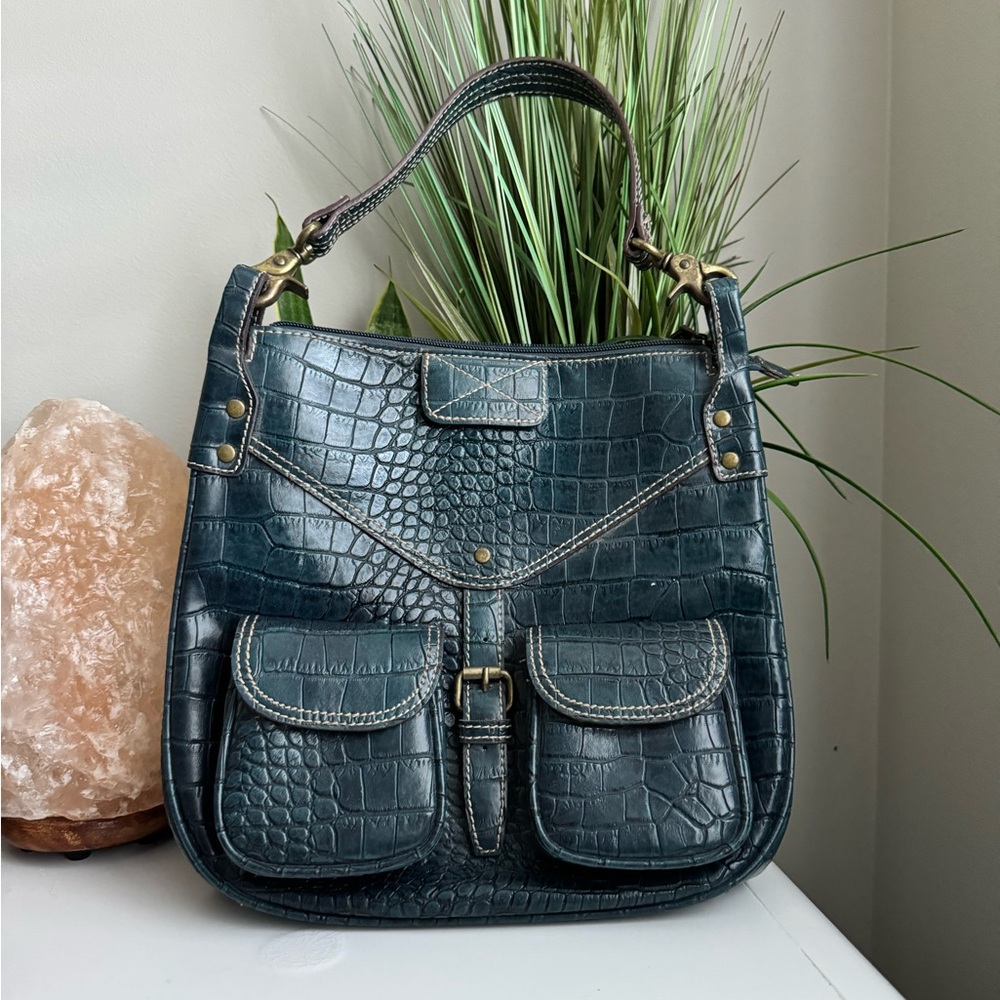 Faux Crocodile Print Blue Purse